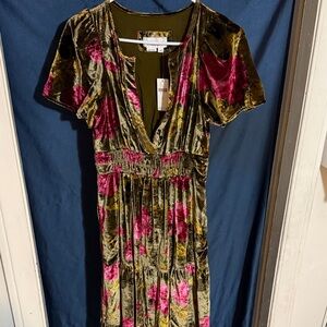 Anthropologie Olive and Fuchsia Velvet Floral Midi Dress